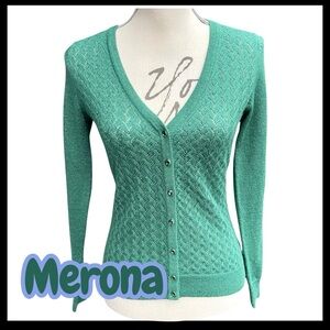 Merona Green Shimmer Pointelle Lightweight Cardigan Crystal Button Sweater (XS)